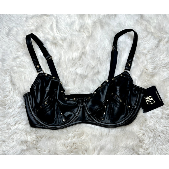 Honey Birdette KASEY🖤 Black Faux Leather Gold Stud Bra 32DDD - Picture 2 of 4